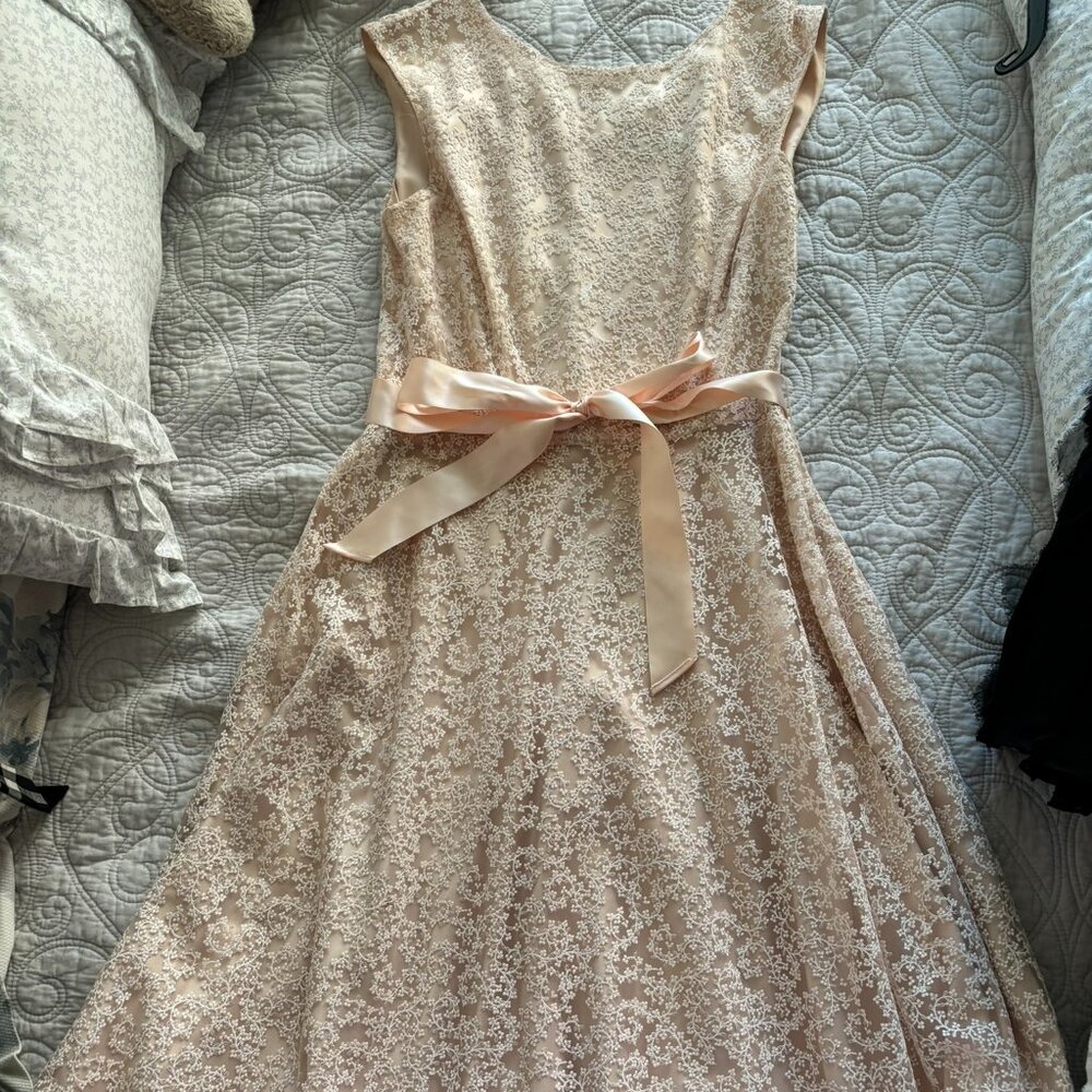 Tahari Glitter Lace Trim Metallic Ribbon Belted Dress Light Pink